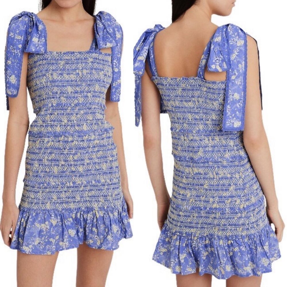 LoveShackFancy Belle Smocked Tie Straps Cotton Mini Dress Blue Jay Floral Print